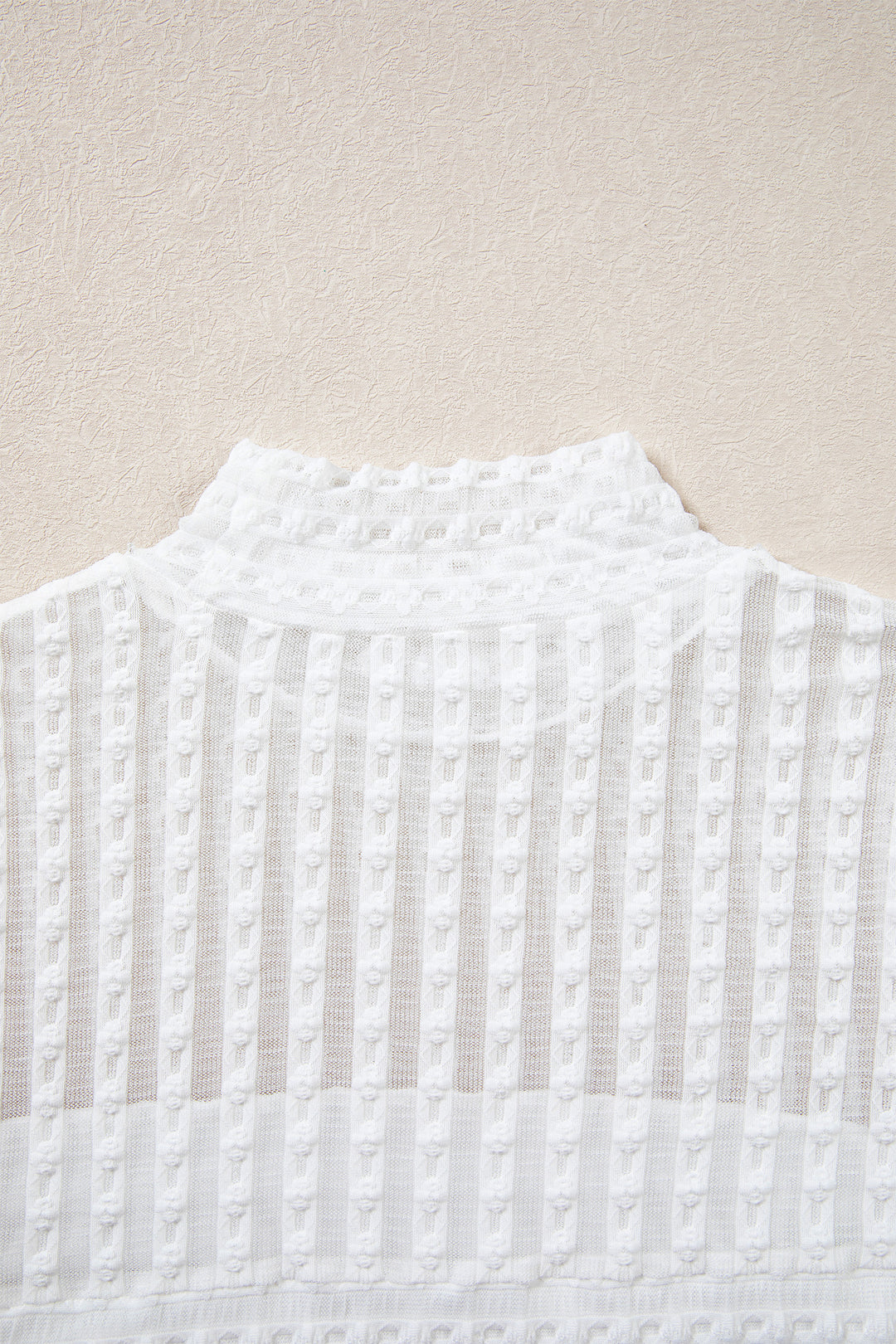 Beige Textured Sheer Lace High Neck Long Sleeve Top