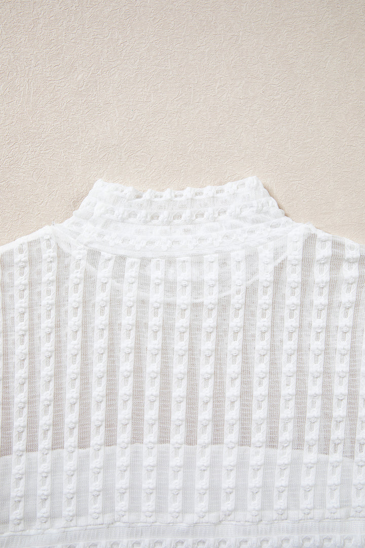 Beige Textured Sheer Lace High Neck Long Sleeve Top