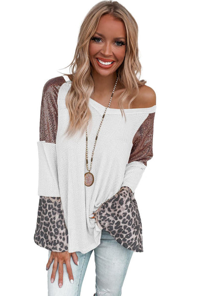 White Sequin Patchwork Bell Sleeve V Neck Tunic Top