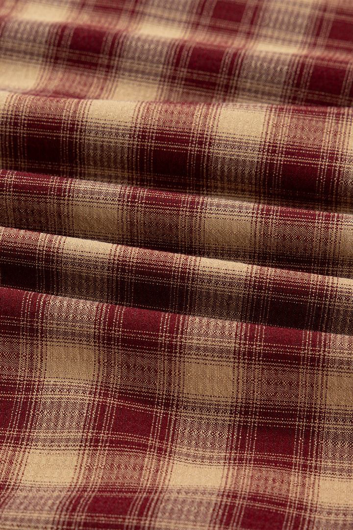 Red Plaid Print Ruffled Long Sleeve Patchwork Hem Mini Shirt Dress