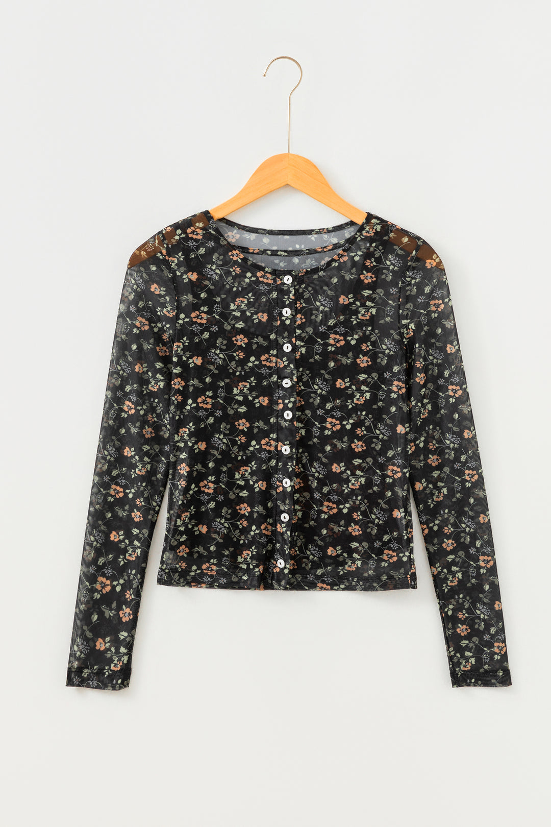 Black Floral Print Mesh Tank Button Front Slim Cardigan 2pcs Set