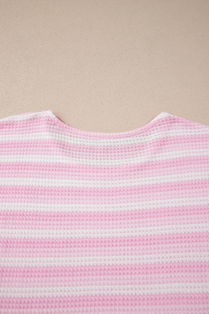Pink Striped Print Waffle Knit T Shirt