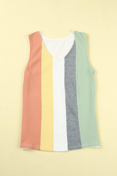 Multicolor Color Block V-Neck Waffle Knit Tank Top