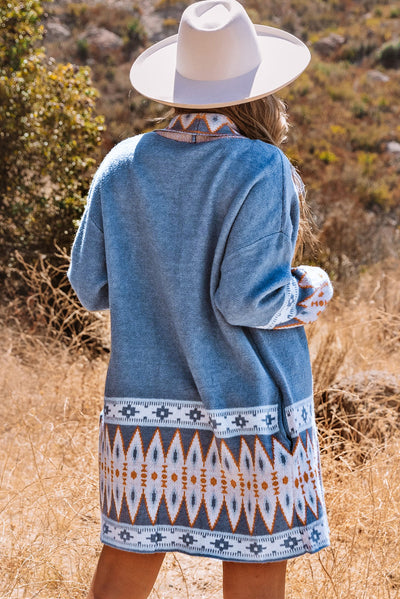 Orange Printed Aztec Print Open Front Knitted Cardigan