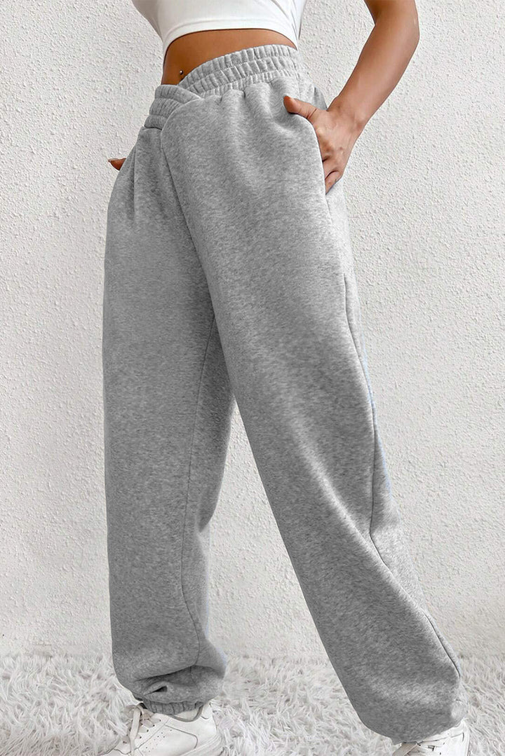 Light Grey Solid Color Crisscross Elastic Waist Sweatpants