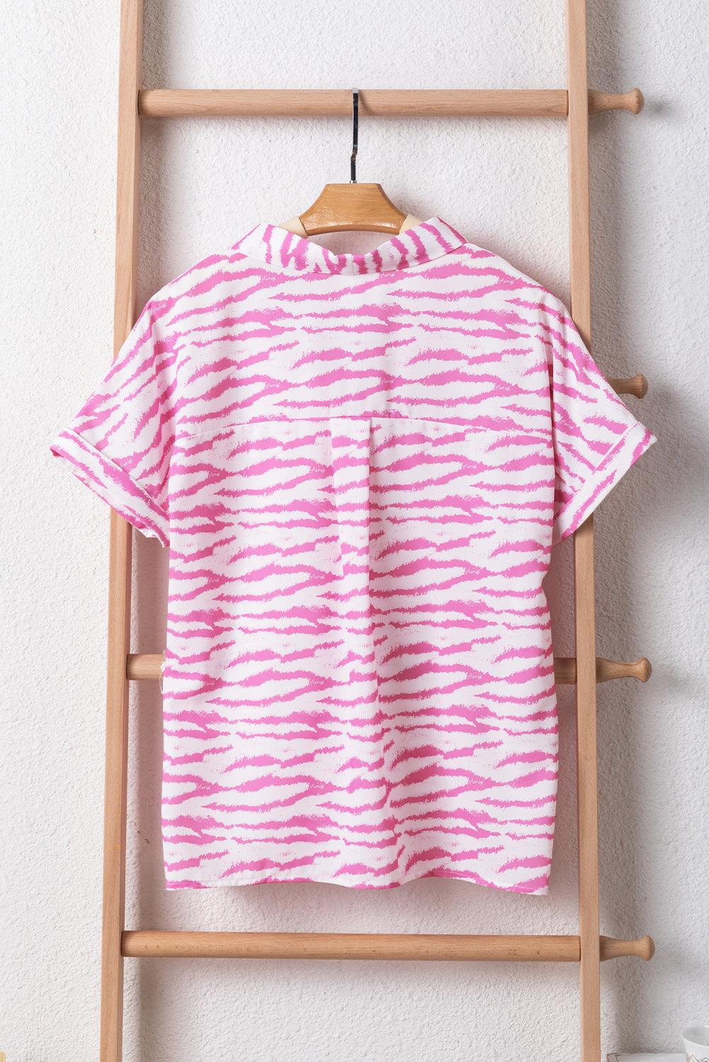 Rose Zebra Pattern V Neck Short Sleeve Blouse