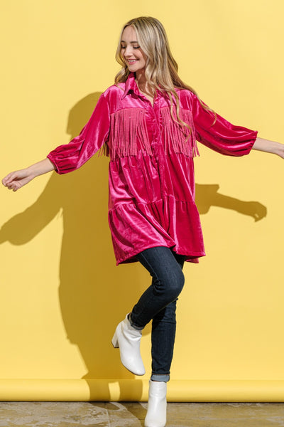 And The Why Fringe Detailed Velvet Shirt Dress