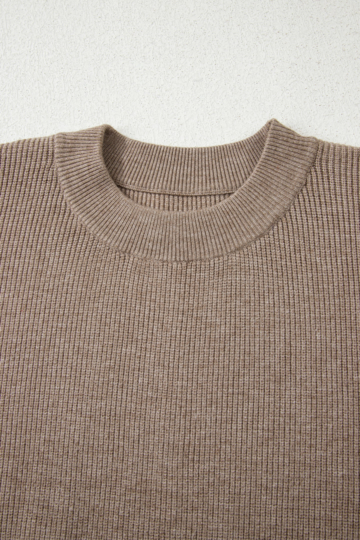 Simply Taupe Ribbed Knit Contrasted Stripe Detail Button Side Loose Sweater
