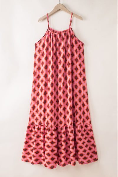 Fiery Red Geometric Print Loose Fit Sleeveless Maxi Dress