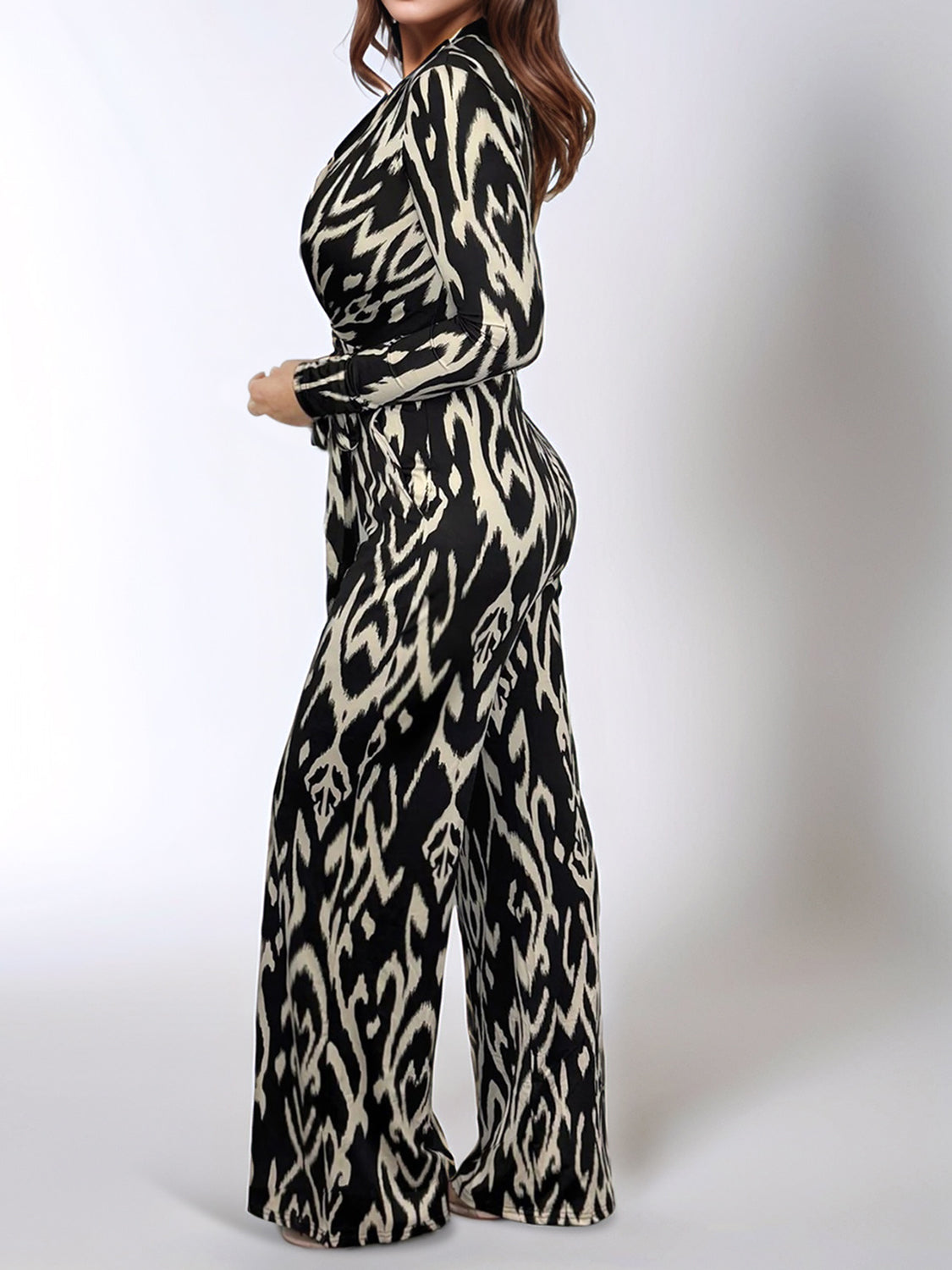 Full Size Leopard Tie Waist Long Sleeve Jumpsuit Plus Size