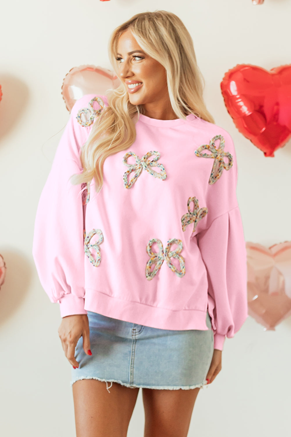 Parchment Embroidered Bow Lantern Sleeve Oversized Pullover Sweatshirt