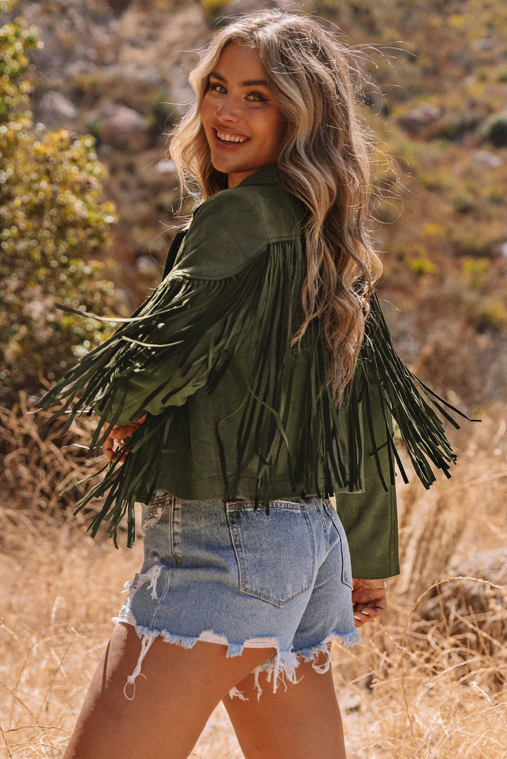 Green Cropped Fringe Faux Suede Jacket