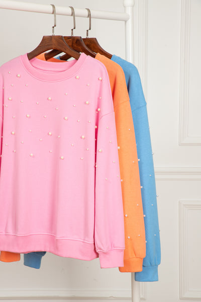 Blossom Pearled Sleeves Drop Shoulder Round Neck Pullover Sweatshirt