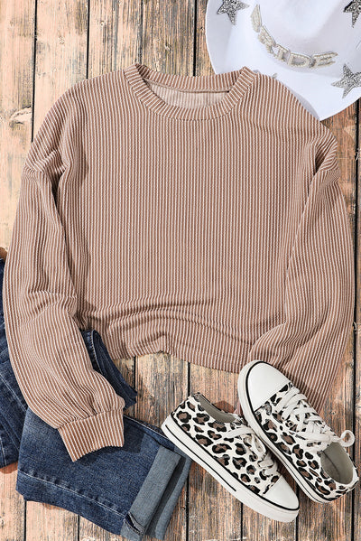 Khaki Cording Drop Shoulder Puff Sleeve Casual Long Sleeve Top