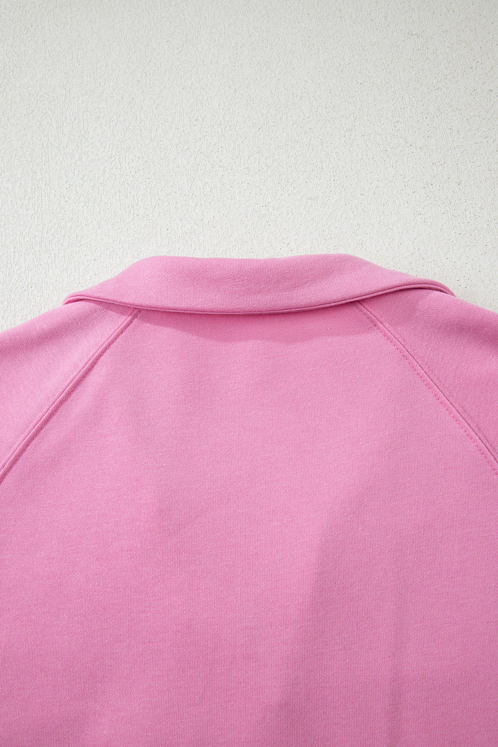 Bright Pink Polo Collar V Neck Pullover and Drawstring Sweatpants Set