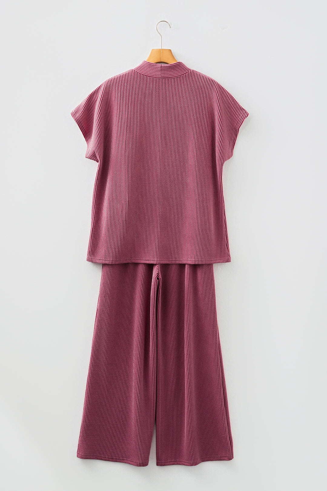 Burgundy Twisted Ribbed High Neck Loose Tee Elastic High Waist Loose Pant Set