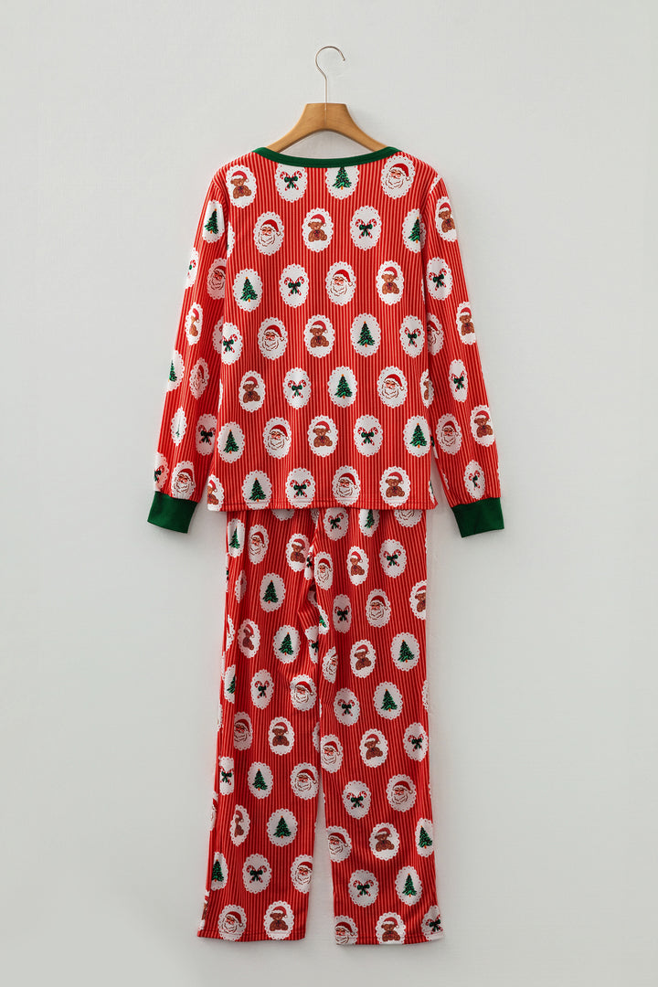 Red Stripe Christmas Fashion Print Henley V Neck Pullover and Jogger Pants 2 Piece Lounge Set