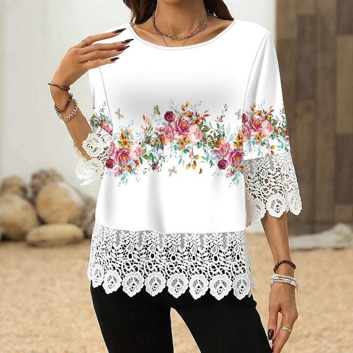 Printed Patchwork Three-Quarter Sleeve Top – Women&