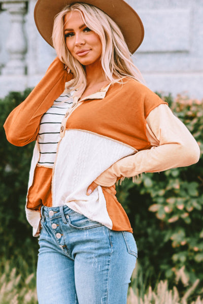 Orange Stripe Color Block Splicing Long Sleeve Henley Top