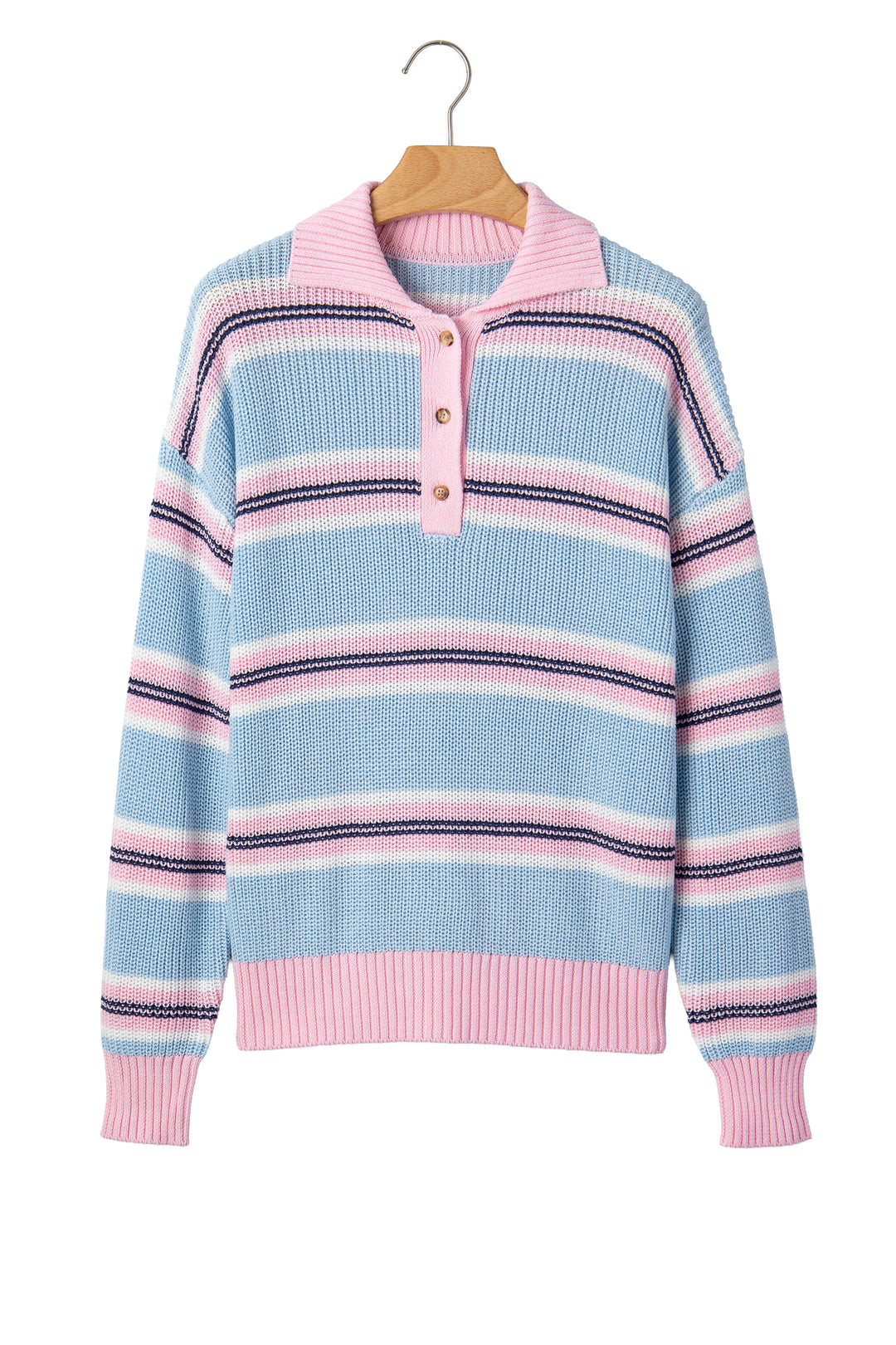 Sky Blue Stripe Striped Button Collar Long Sleeve Shift Fit Winter Knitwear Sweater