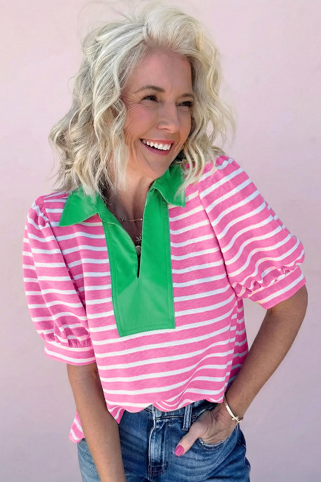 Blue Stripe Short Puff Sleeve Color Block Polo Collar Blouse