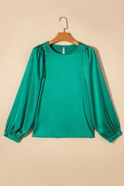 Green Satin Puff Long Sleeve Crewneck Blouse