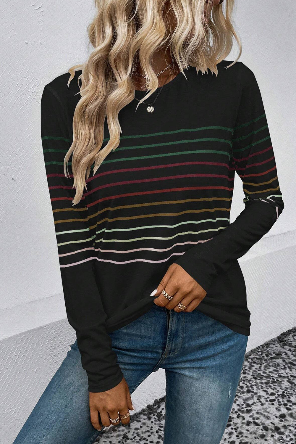 Black Multicolor Striped Crew Neck Long Sleeve Top