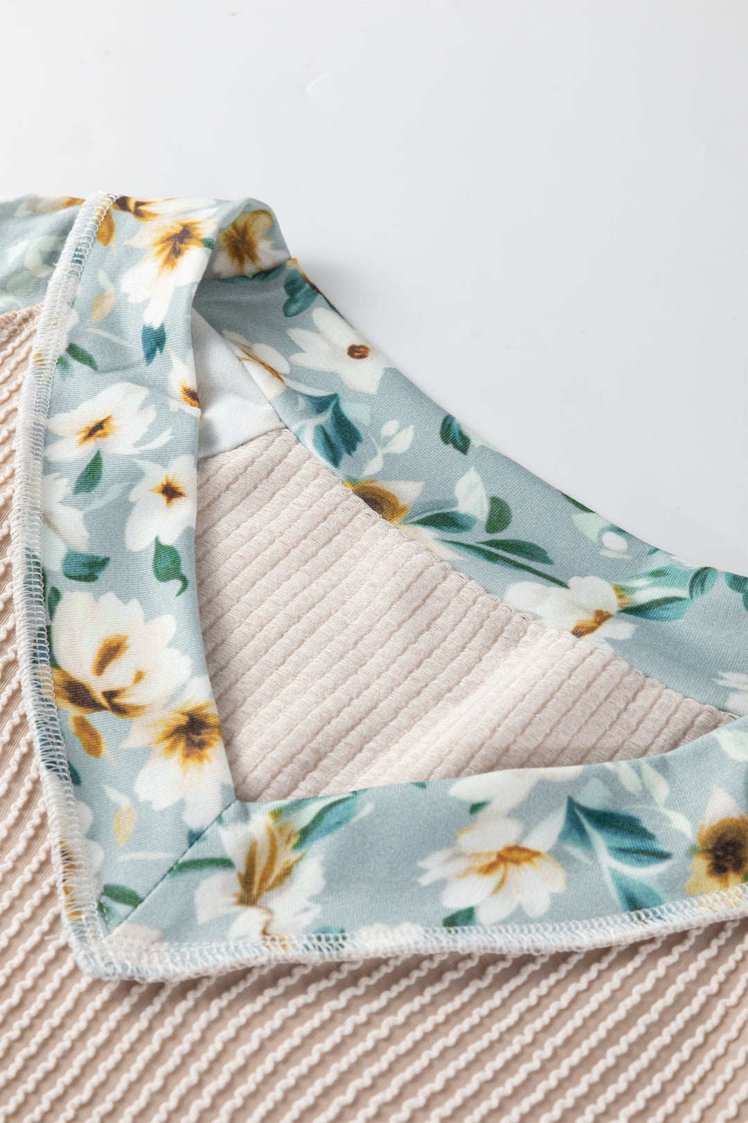 Parchment Twist Ribbed Floral Contrast Patchwork Long Sleeve Top