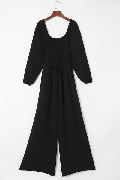 Black Smocked Square Neck Long Sleeve Wide Leg Jumpsuit