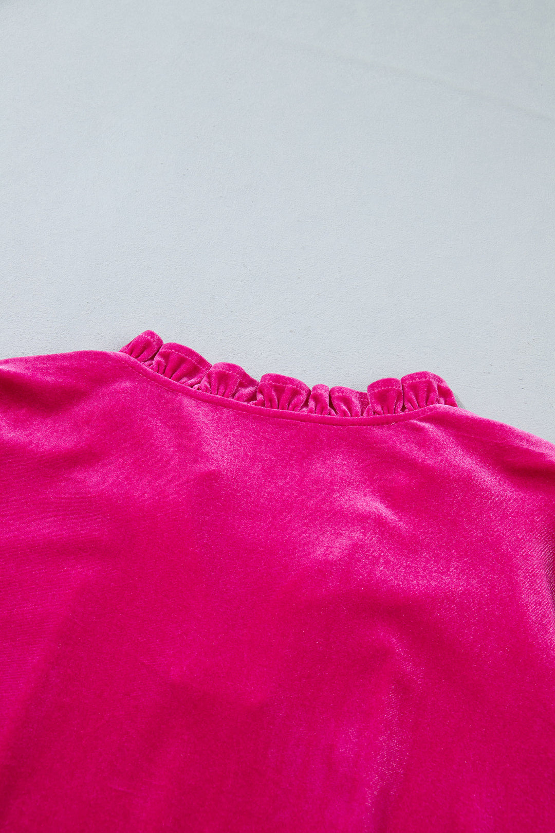 Strawberry Pink V Neck Velvet Ruffled Cuffs Hem Long Sleeve Top