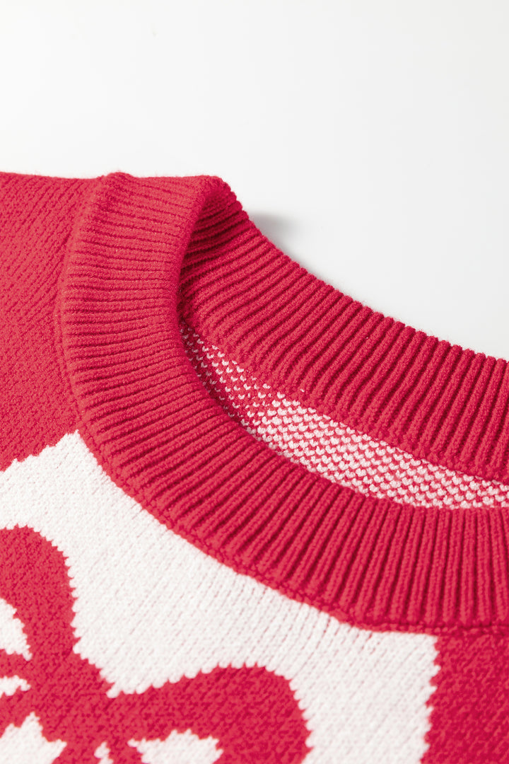 Red Bow Print 2-tone Rhombus Knit Loose Sweater