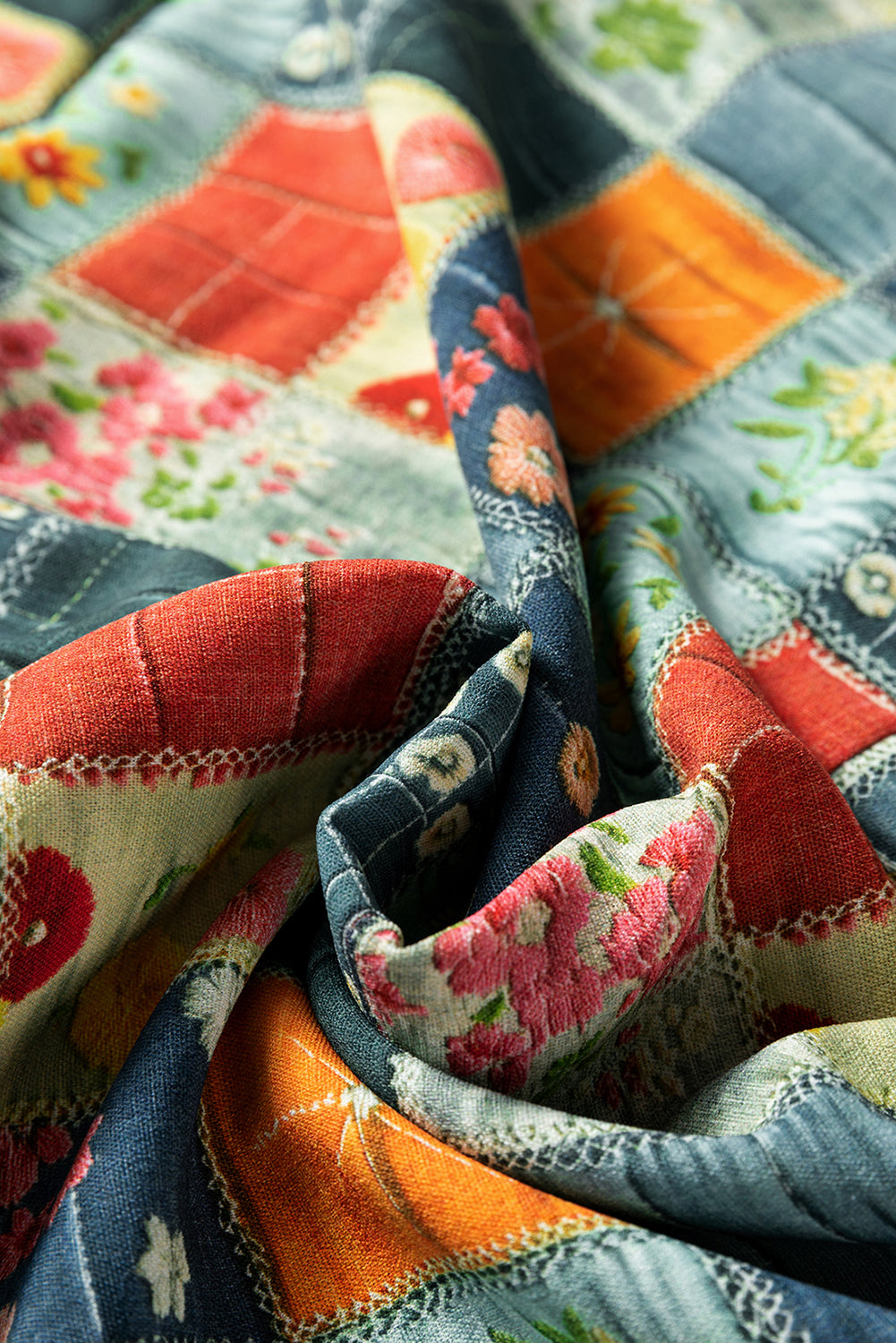 Sky Blue Fall Floral Half Placket Collared V Neck Blouse