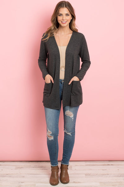 Solid Long Sleeved Open Front Pocket Cardigan