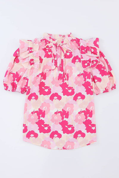 Pink Split Neck Ruffled Puff Sleeves Floral Top