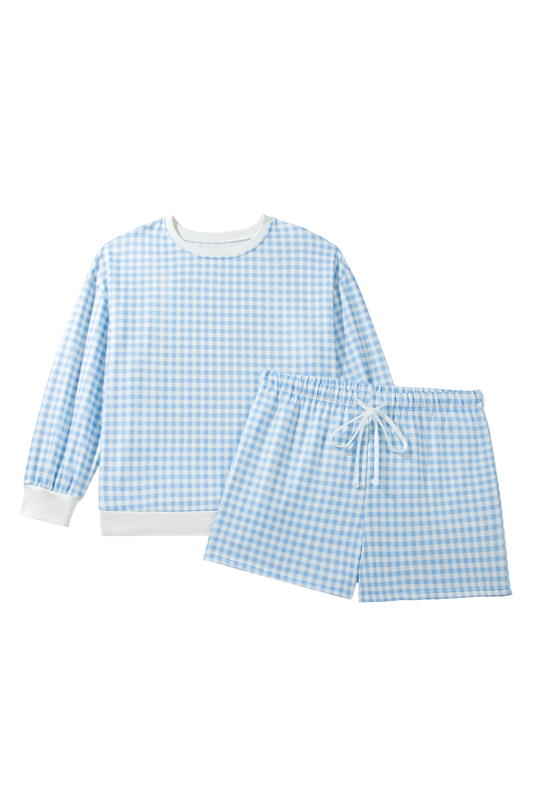 Sky Blue Gingham Loose Pullover Top Drawstring Shorts Plus Size Set