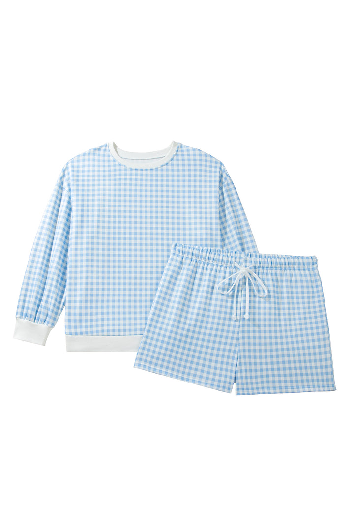 Sky Blue Gingham Loose Pullover Top Drawstring Shorts Plus Size Set