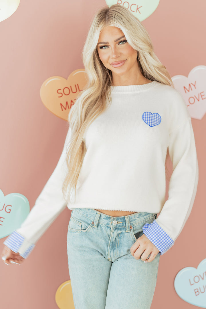 White Plaid Heart Embroidered Cuffed Drop Shoulder Crew Neck Sweater
