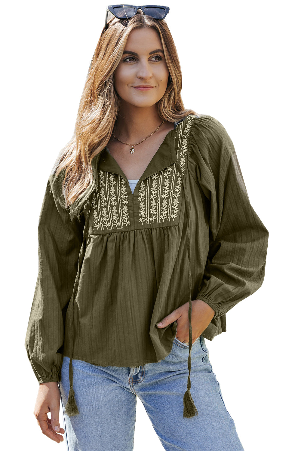 Green Embroidered Split Neck Pleated Loose Blouse