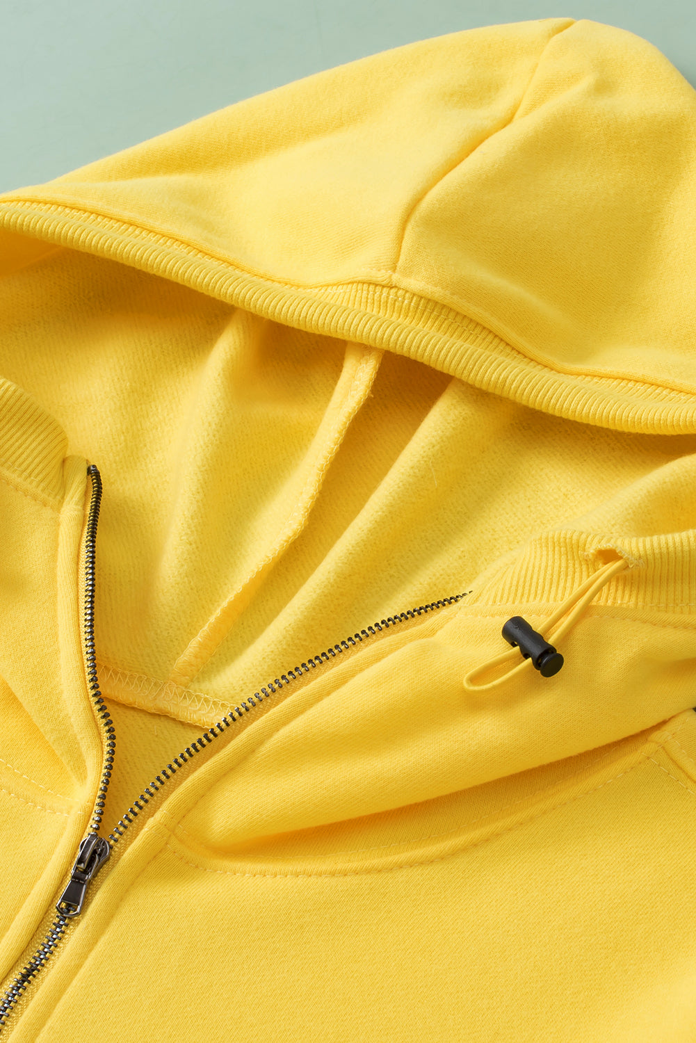 Yellow Ribbed Trim Kangaroo Pocket Zipped Hoodie