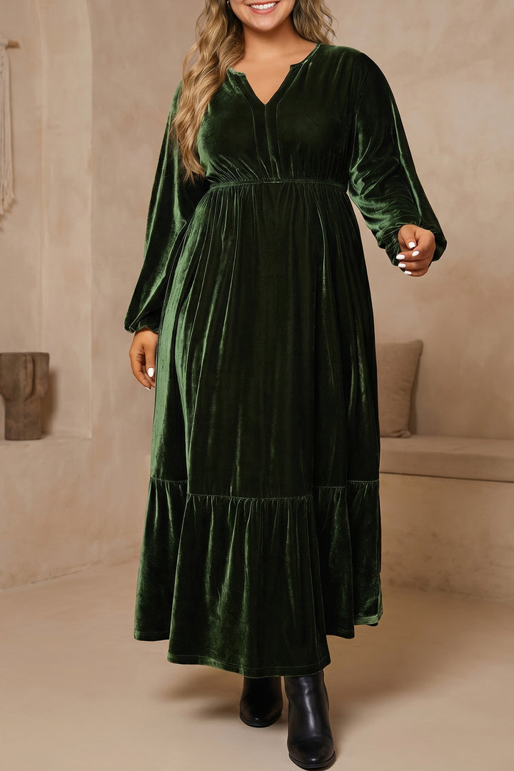 Blackish Green V Neck Long Sleeve Velvet Loose Fit Plus Size Dress
