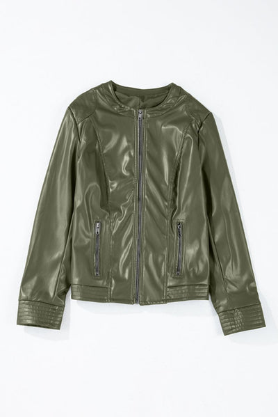 Sage green faux leather bomber jacket front view