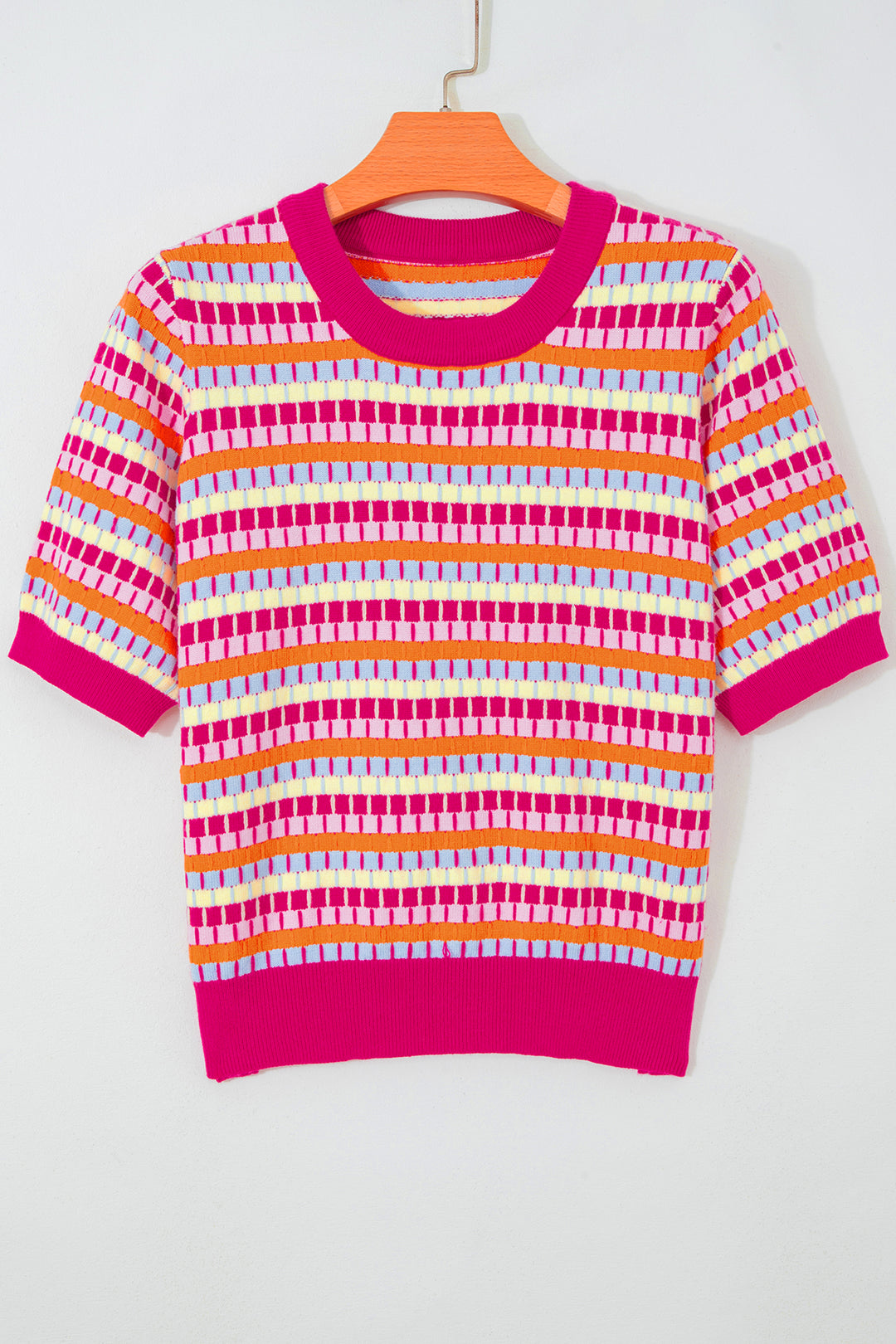 Orange Abstract Striped Knit Short Sleeve Sweater