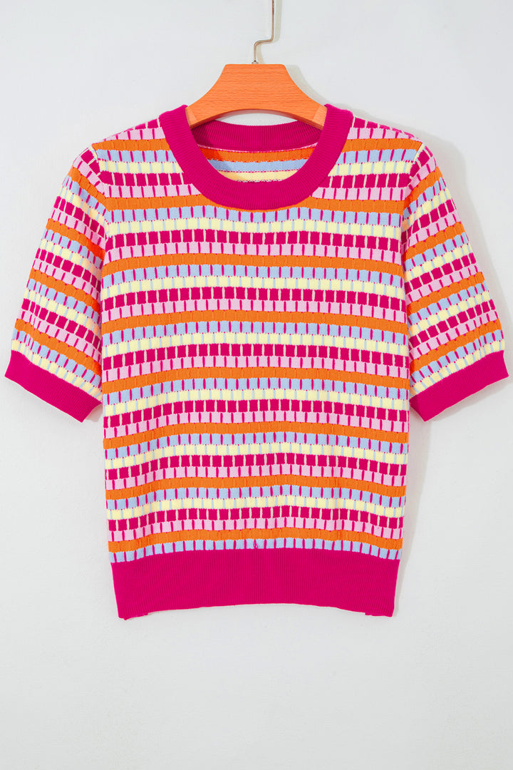 Orange Abstract Striped Knit Short Sleeve Sweater