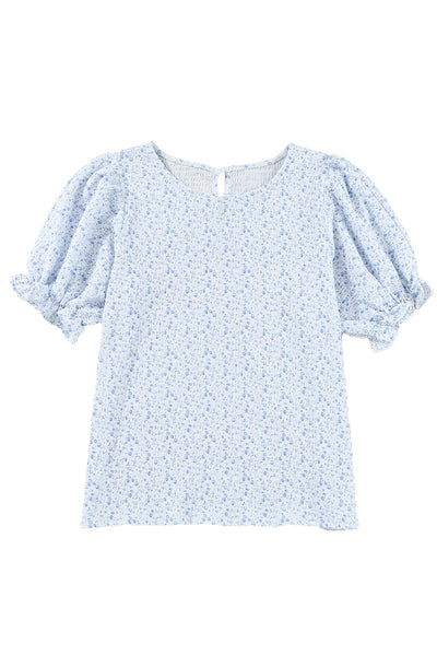 Sky Blue Floral Smocked Puff Sleeve Blouse