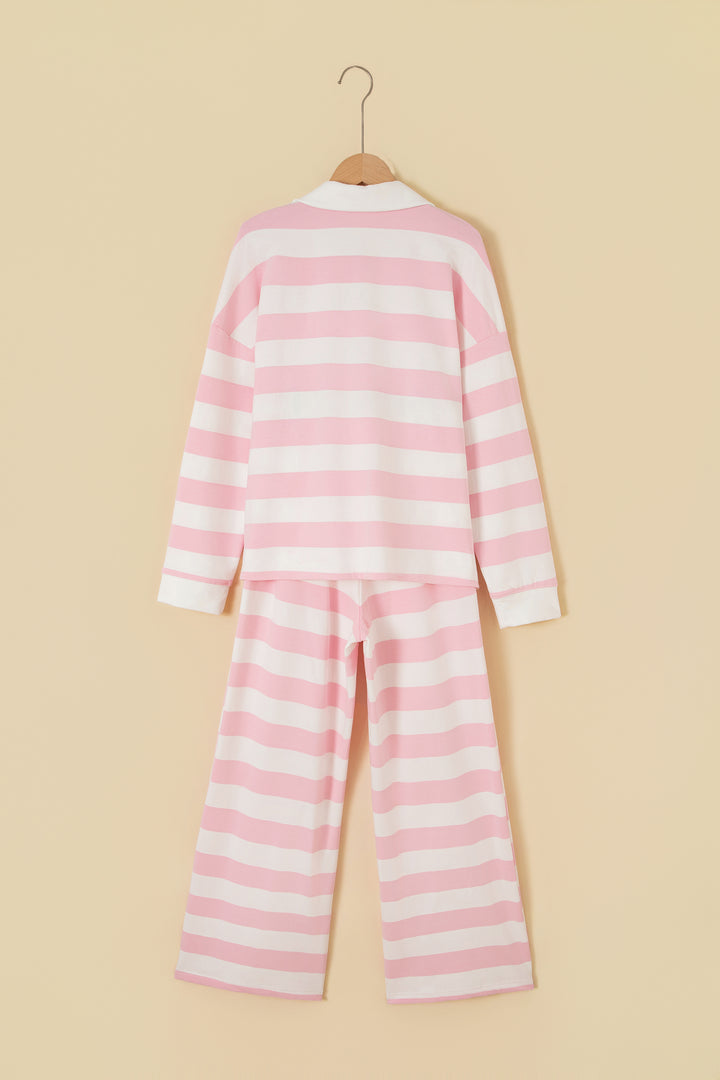 Pink Stripe Color Block Patchwork Zip Long Sleeve Top Elastic Waist Pants Set