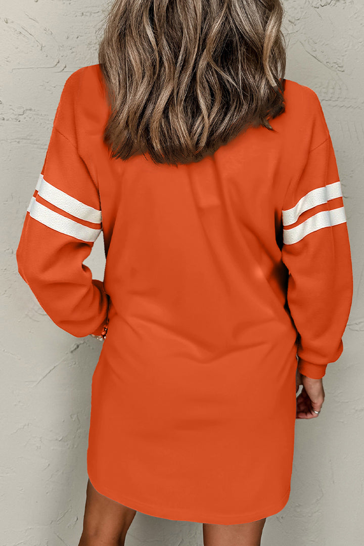 Orange Sequin Ghost Pattern Varsity Sleeve Sweatshirt Mini Dress with Pockets