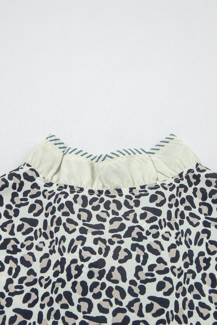 Black Plus Leopard Print Striped Color Block Trim Frilled V Neck Short Sleeve Blouse