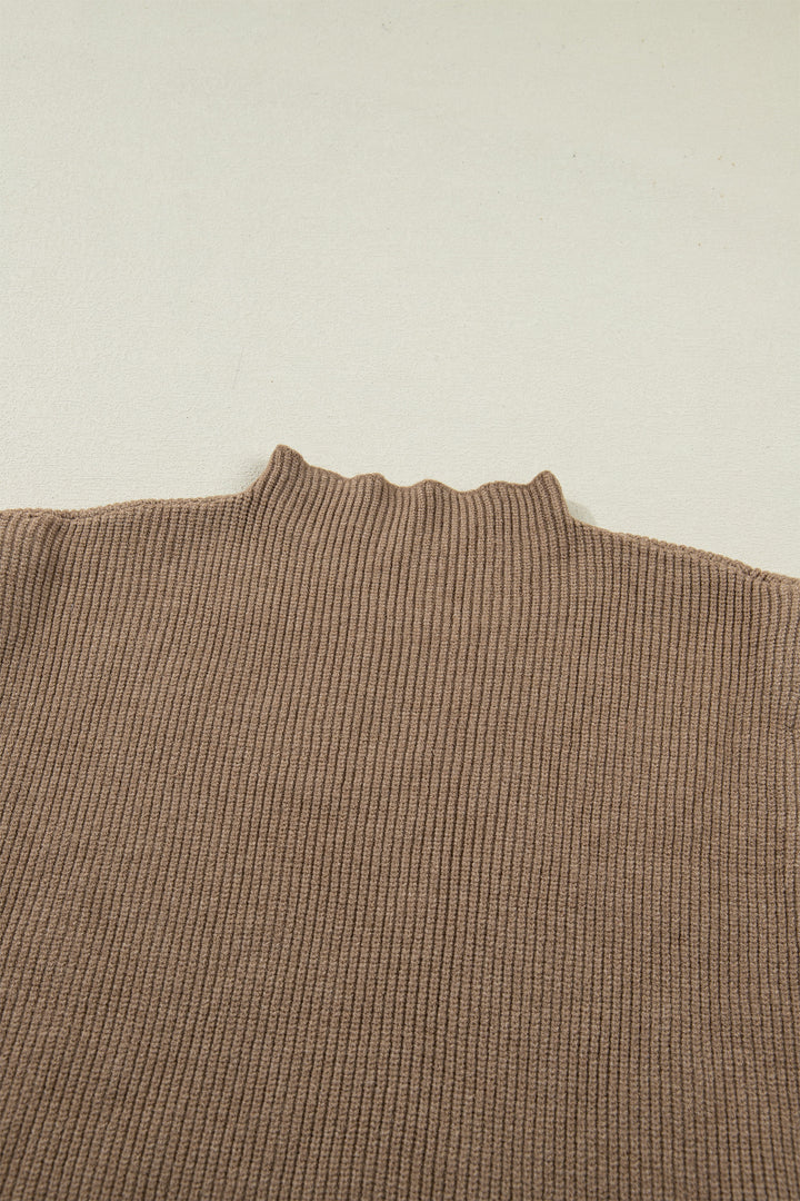 Light French Beige Solid Color Ribbed Knit Mock Neck Loose Sleeveless Sweater