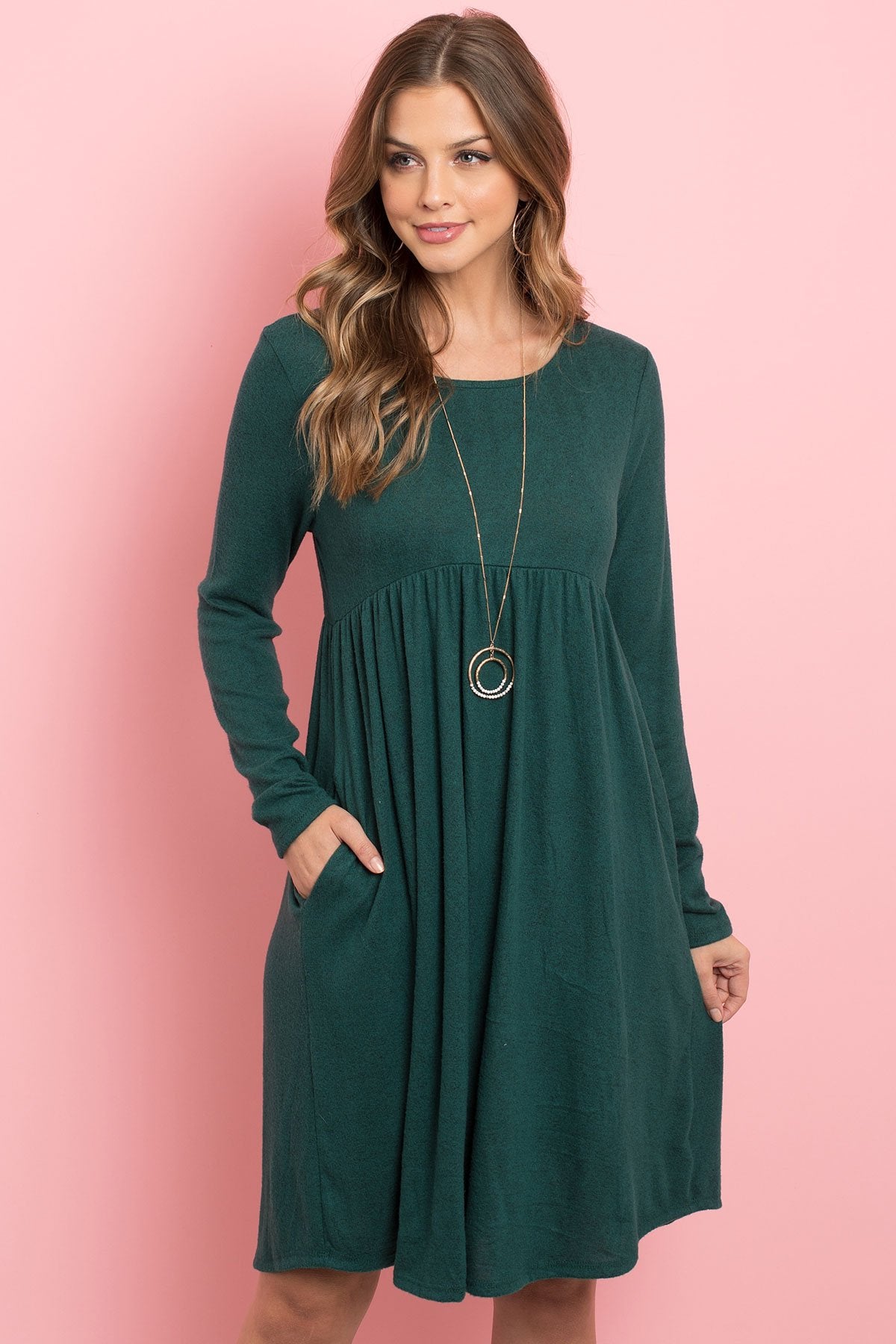 Boat Neck Brushed Hacci Round Hem Dress