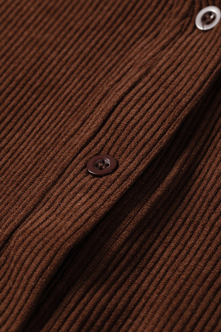 Coffee Solid Color Ruffle Trim V Neck Long Sleeve Button Corduroy Shakcet